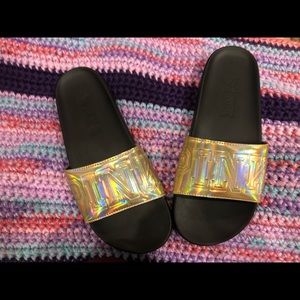 Like new VS pink gold holo slide ons size large